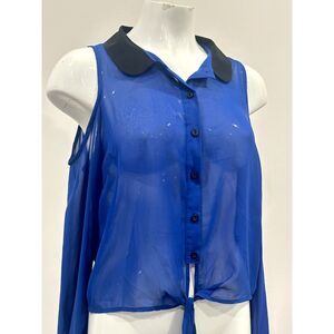 Blu Pepper Sheer Blue Cold Shoulder Tie Front Blouse Black Collar Women's Large